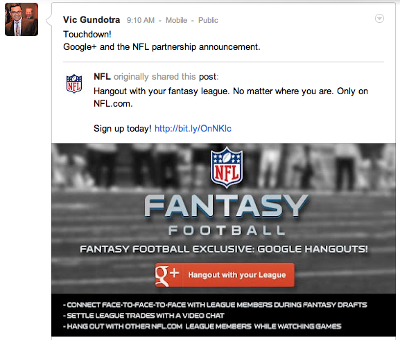NFL adds Google+ Hangouts to Fantasy Football