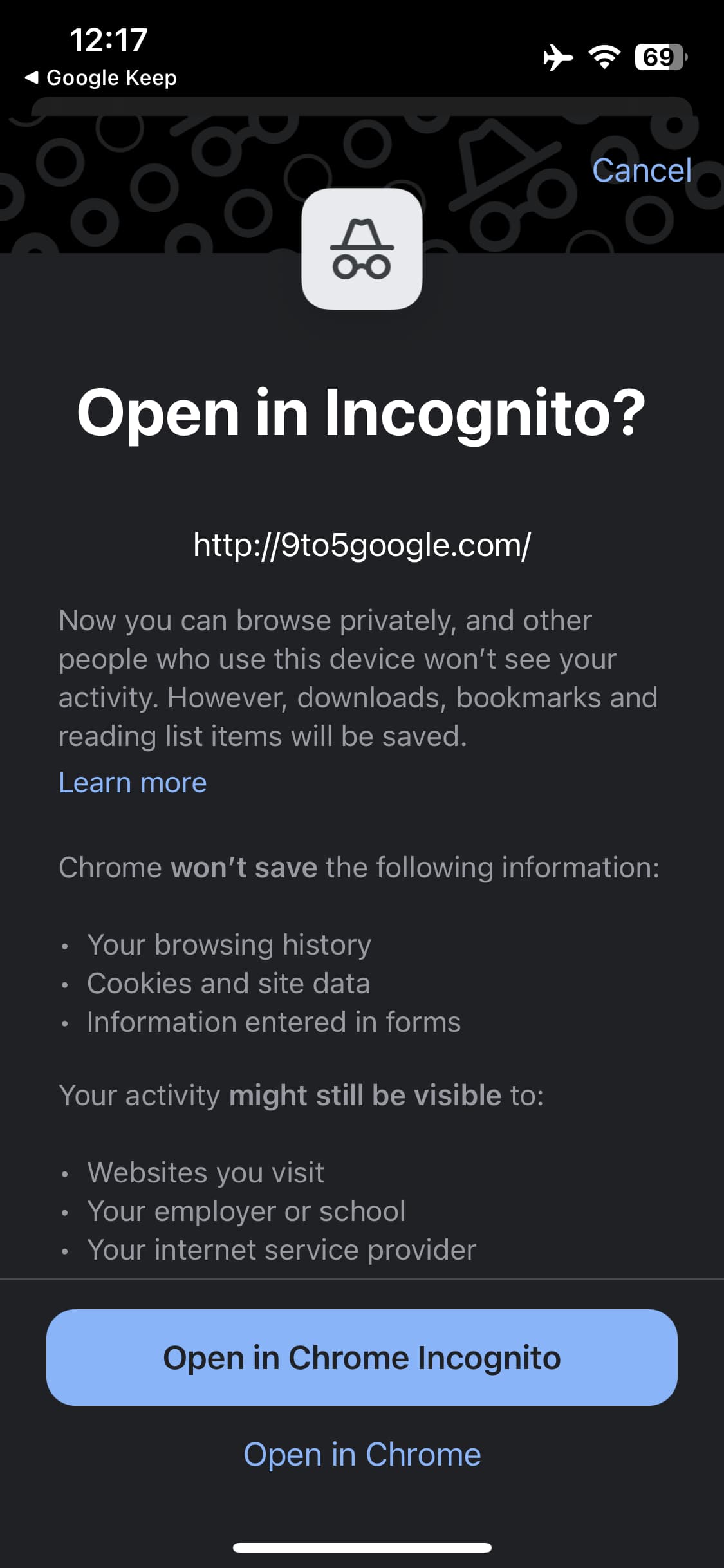 Chrome iOS open Incognito