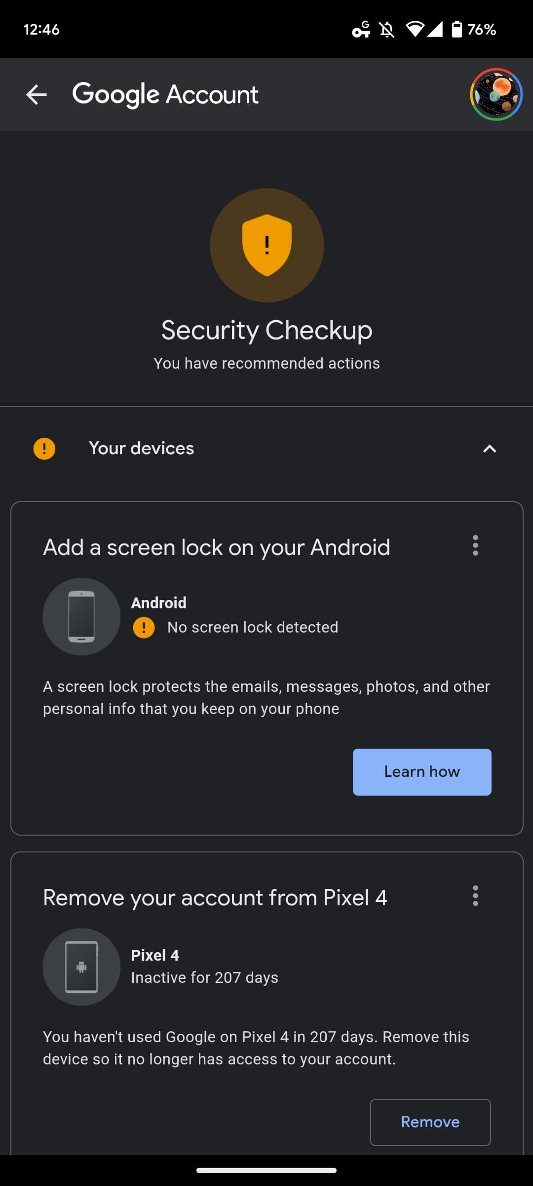 Pixel’s Security &#038; privacy showing erroneous ‘Add a screen lock’ alert