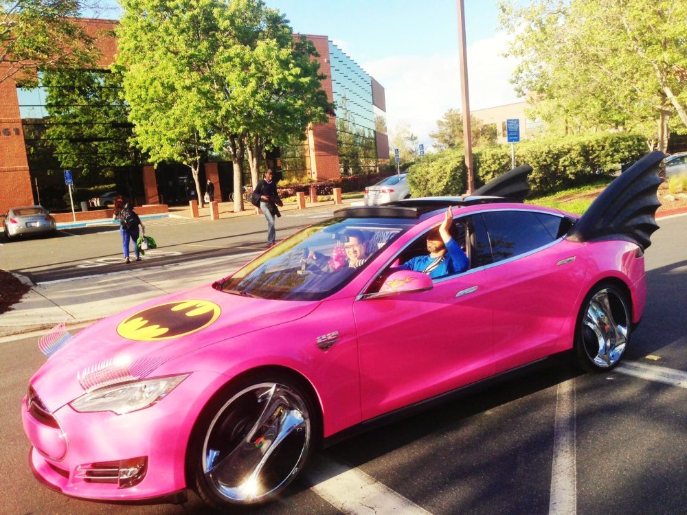 Googlers turn Sergey Brin's Tesla Model S into a pink Batmobile for