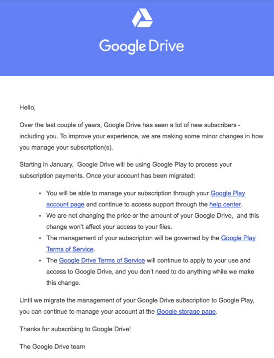 Google Drive subscriptions will be processed & managed in Google Play