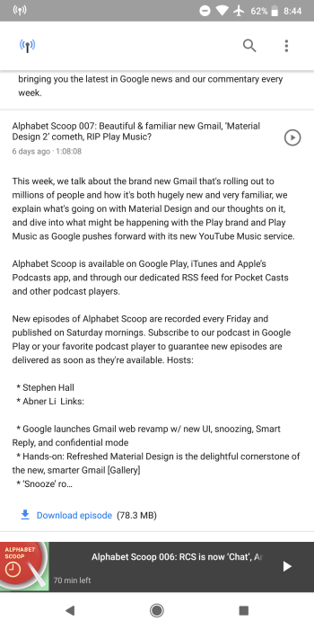Google app's built-in podcast player adds offline downloading