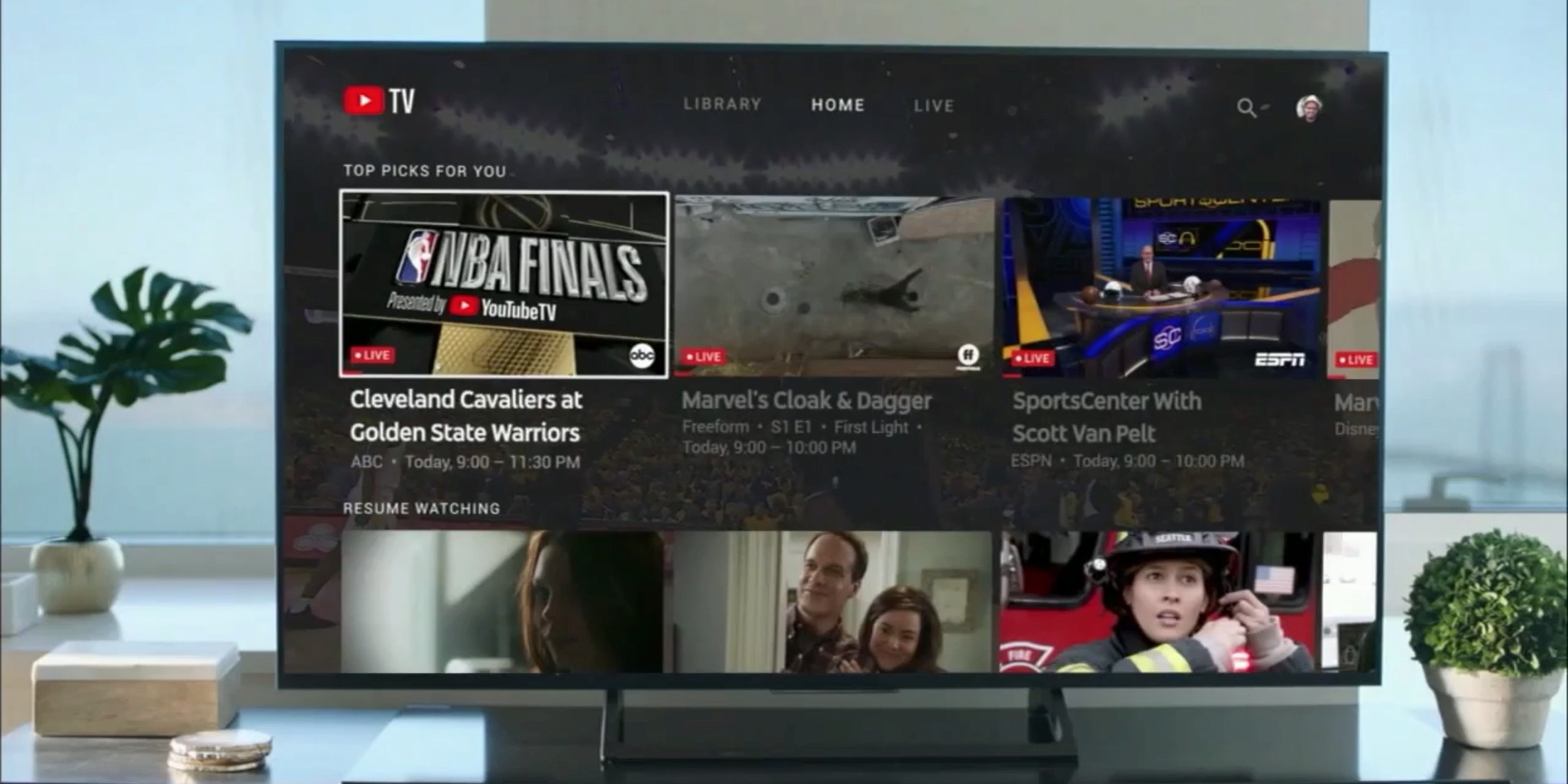 YouTube TV advertising during NBA Finals transitions from ad to live Game 1 Video