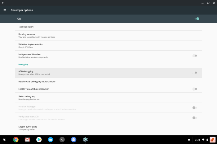 Chrome OS Android Developer options ADB debugging