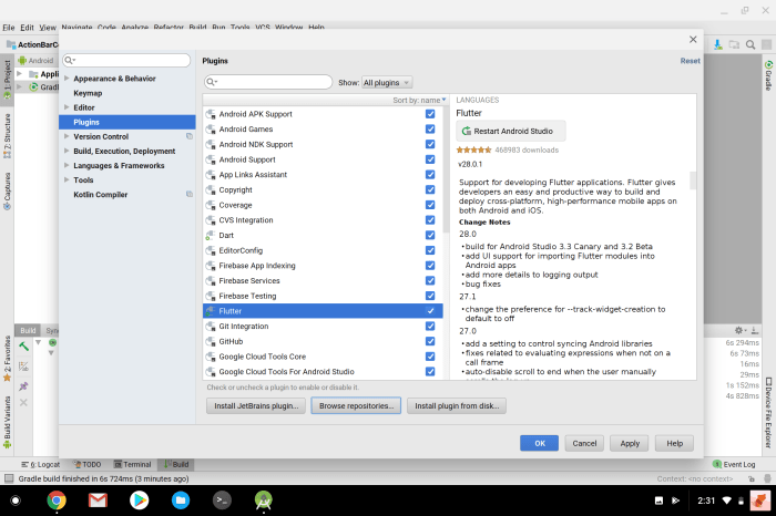 Flutter on Chrome OS restart Android Studio