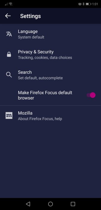 Firefox Focus Settings page