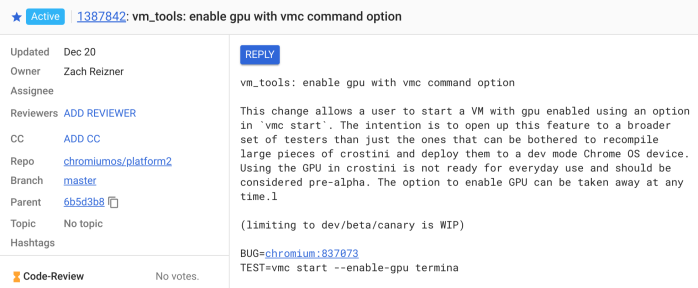Chrome OS Linux apps GPU support Gerrit commit