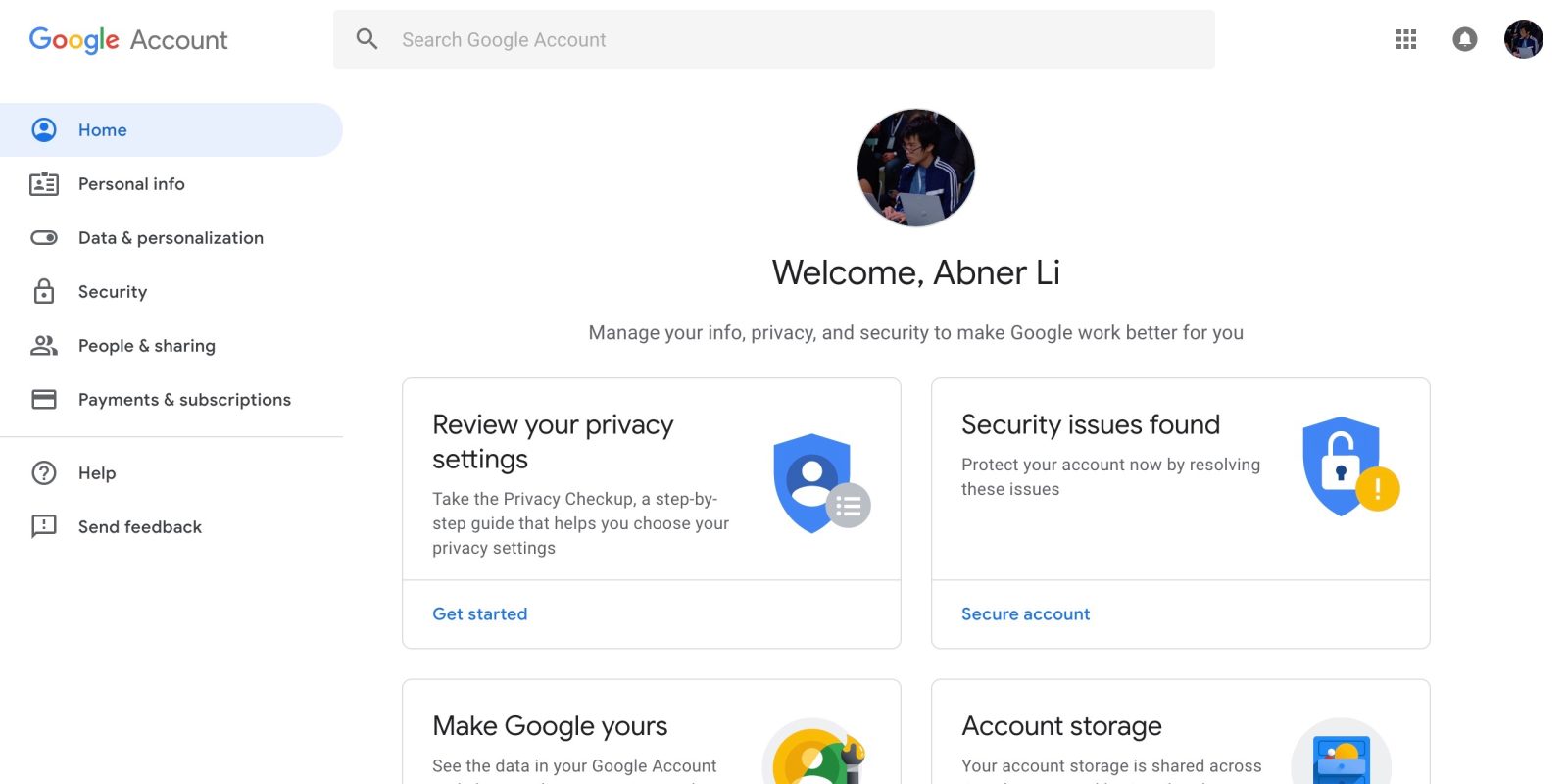 Google Account settings Material Theme