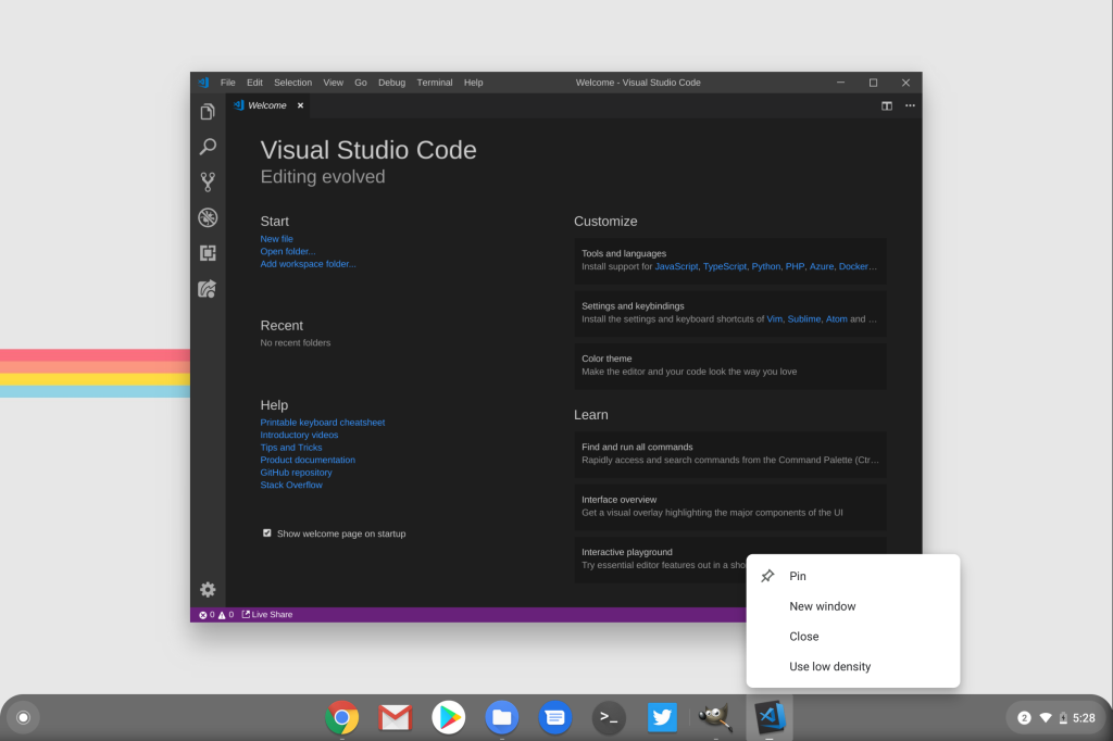 Chrome OS Linux apps Crostini Display Scaling DPI use low density