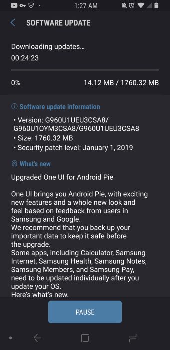 Samsung Galaxy S9 unlocked US Android pie update 2
