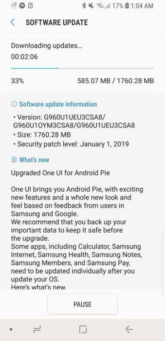 Samsung Galaxy S9 unlocked US Android pie update