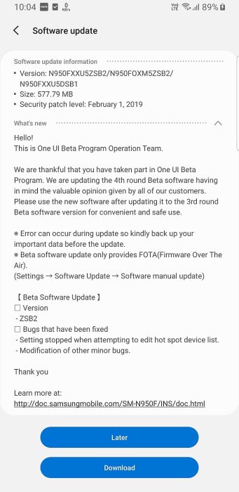 Samsung Galaxy Note 8 Android Pie beta
