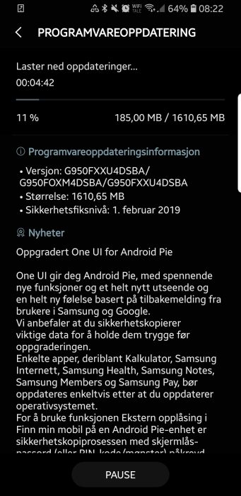 Samsung Galaxy S8 Android Pie stable release Norway