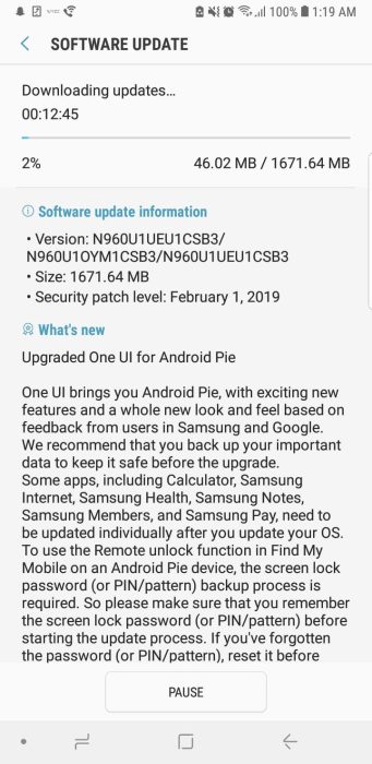 US Unlocked Note 9 Android Pie update