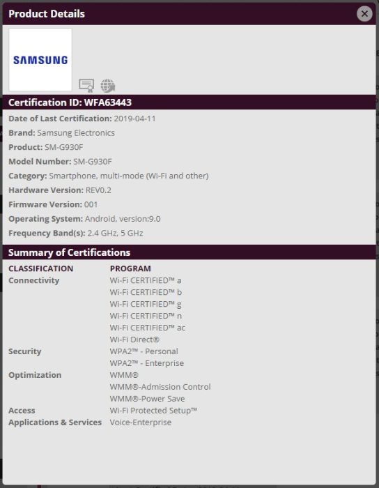 Galaxy S7 Android Pie Wi-Fi Certification