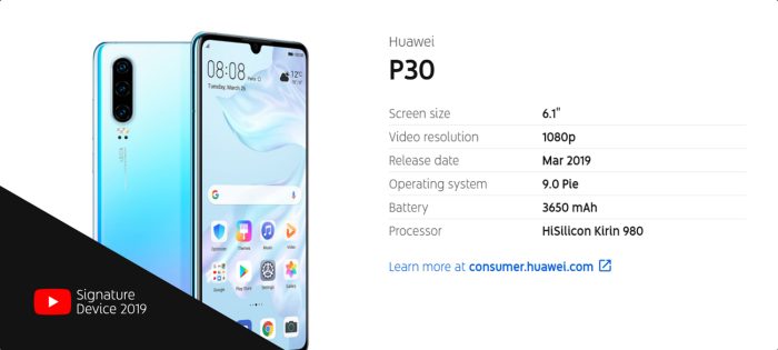 Huawei P30 YouTube Signature device info