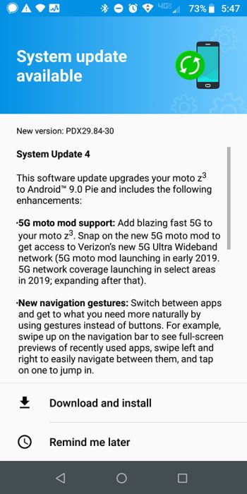 Moto Z3 Android Pie 5G Moto Mod update