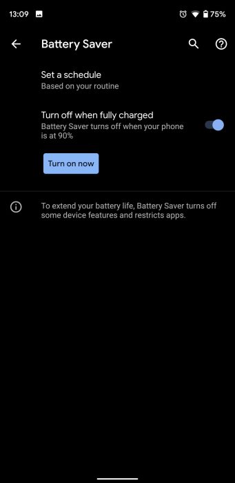 Auto Battery saver mode off Android Q