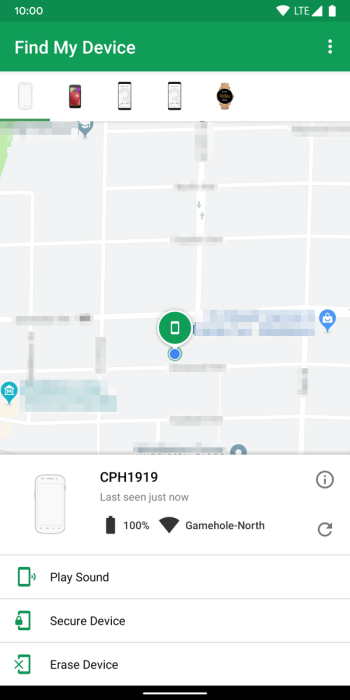 Primary screen for Google Find My Device app with map and all options