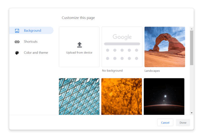 Google Chrome 77 Customization menu Background