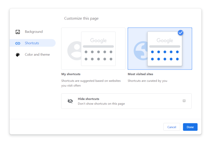 Google Chrome 77 Customization menu Shortcuts