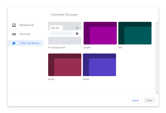 Google Chrome 77 Customization menu Color and theme