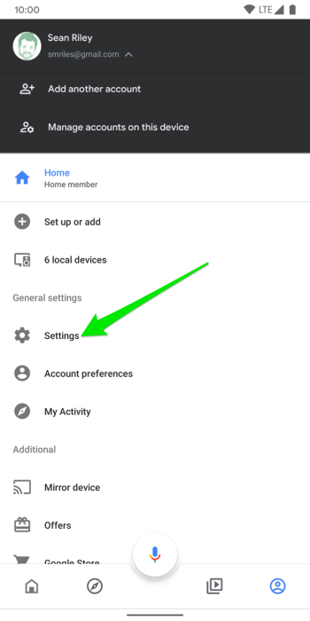 Google Home app on Android account menu