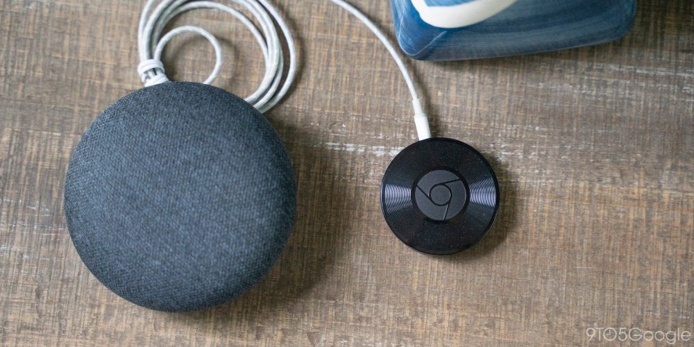 Chromecast Audio next to a Google Home Mini speaker