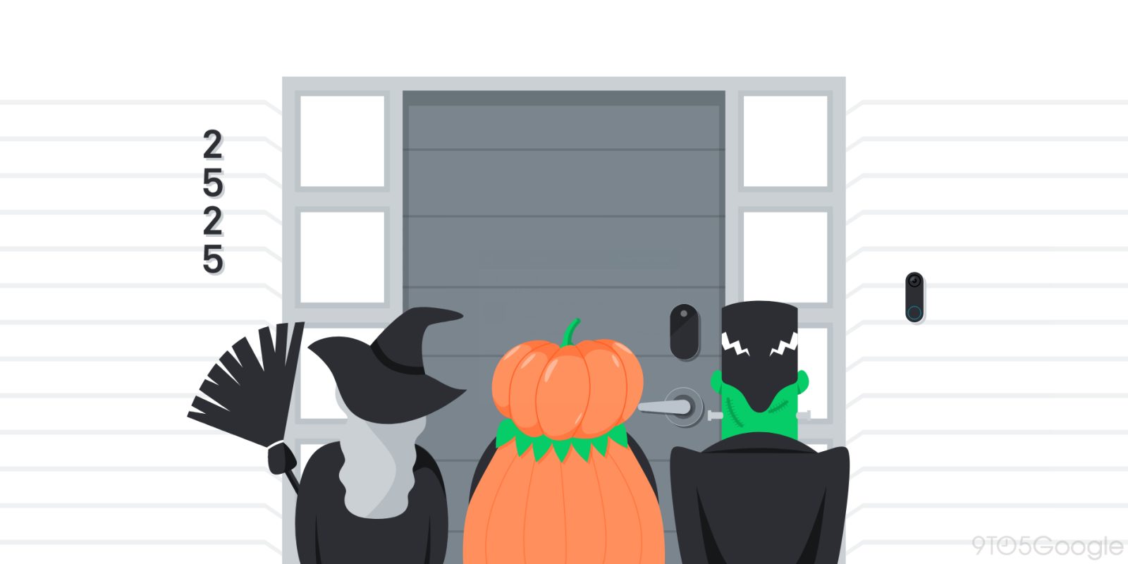 A flat style image depicting three children trick-or-treating.