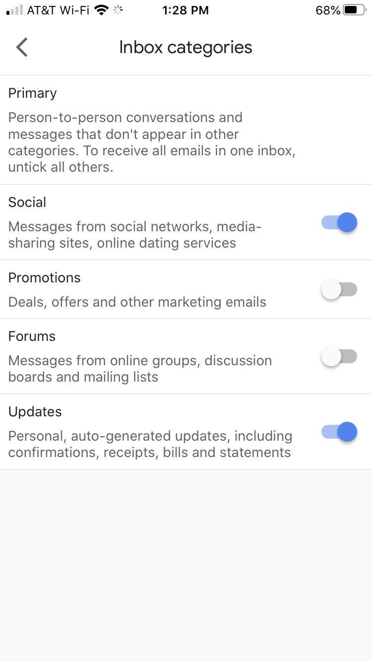 Gmail inbox categories iPhone
