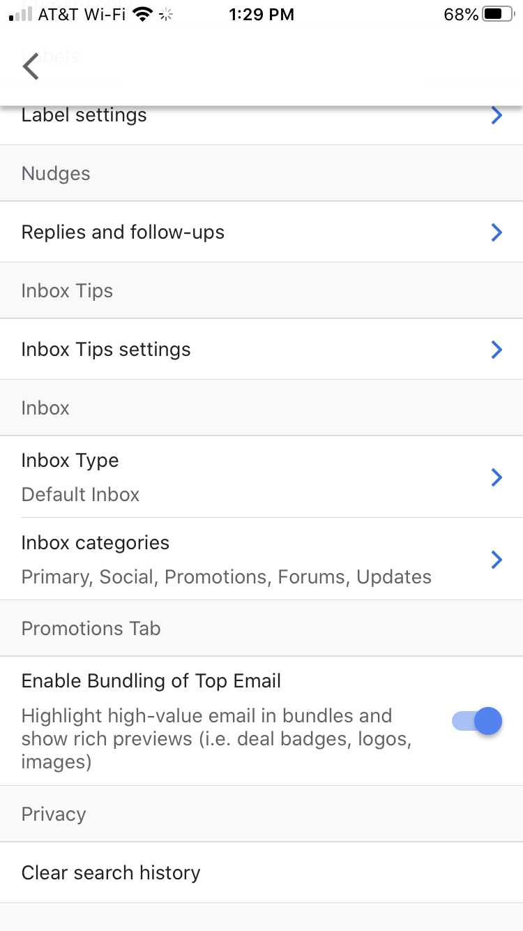 Gmail inbox settings iPhone