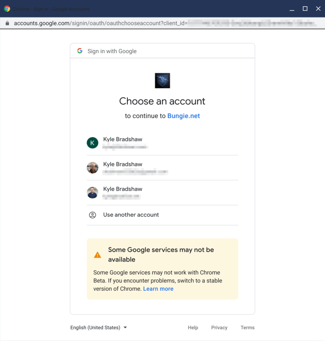 Sign In with Google Chrome Beta warning