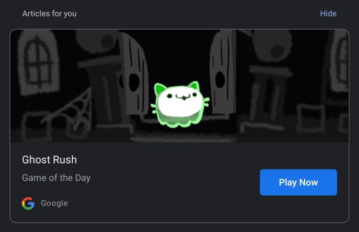 A screenshot of Ghost Rush as Google's chosen Game of the Day.