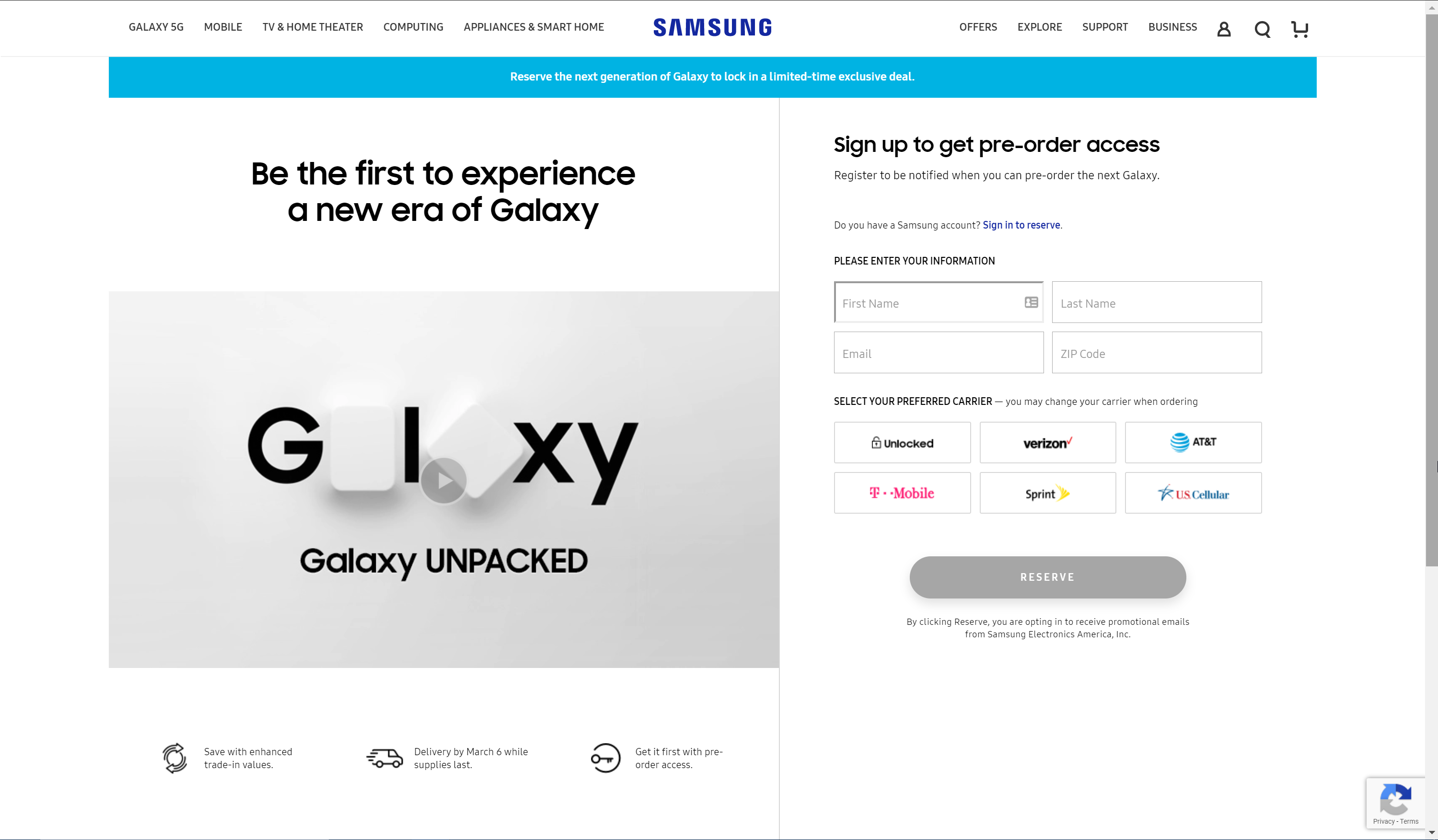samsung galaxy s20 reservations page