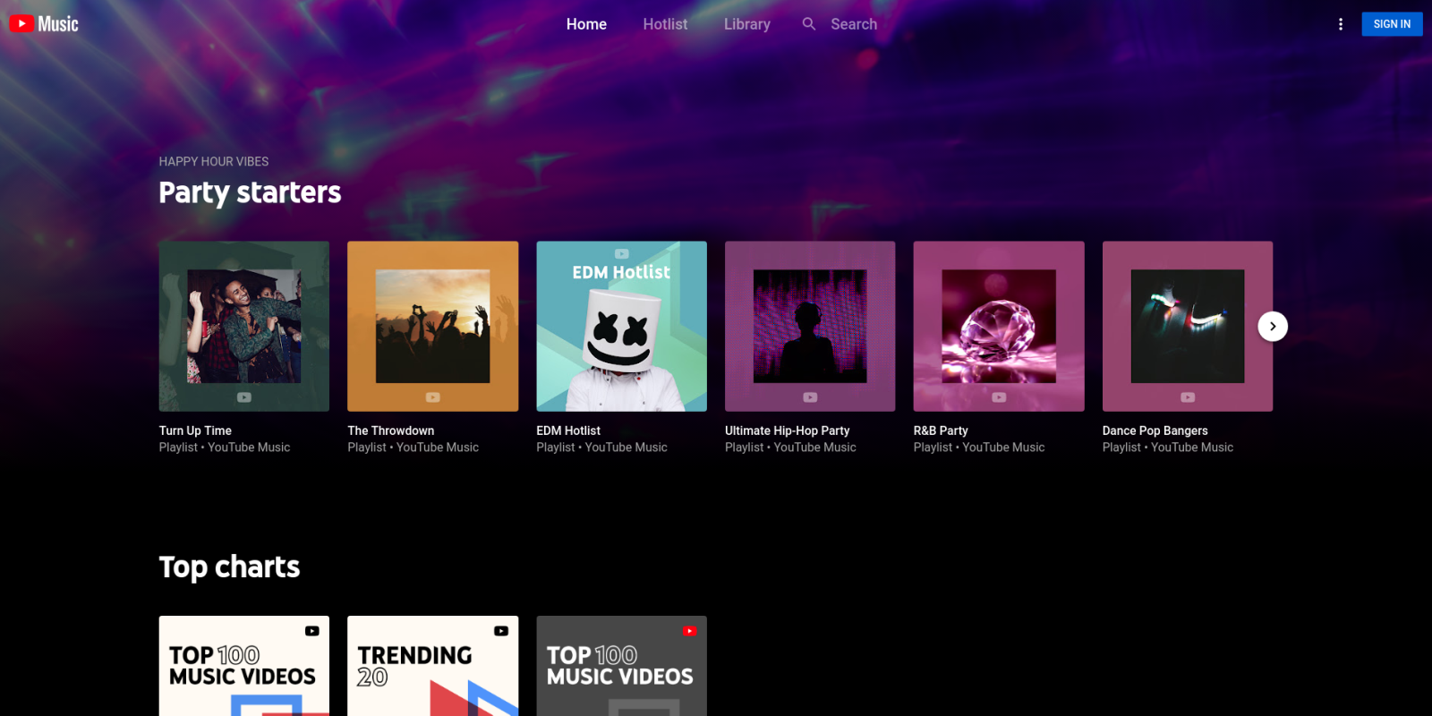 The YouTube Music home screen displaying the "Party starters" backdrop.