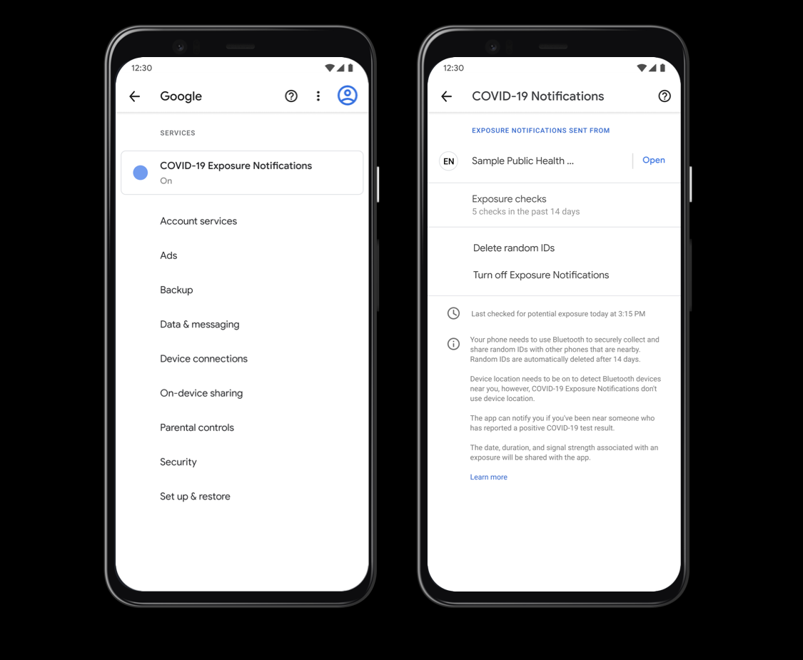 Меню в Android, которое управляет центром уведомления о воздействии Covid-19 на владельца смартфона