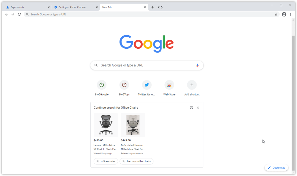 google chrome shopping new tab page widget test