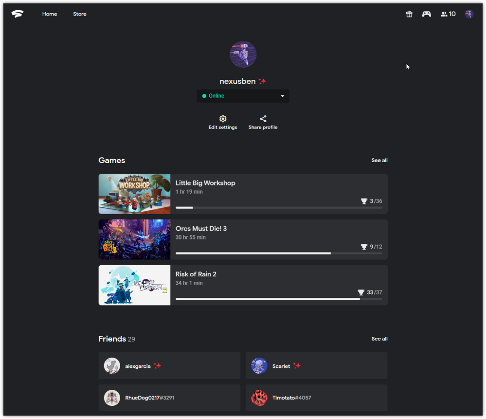 stadia profile page personal