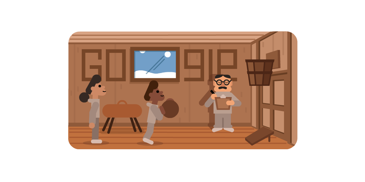 Animated Google Doodle featuring Dr. James Naismith, inventor of basketball