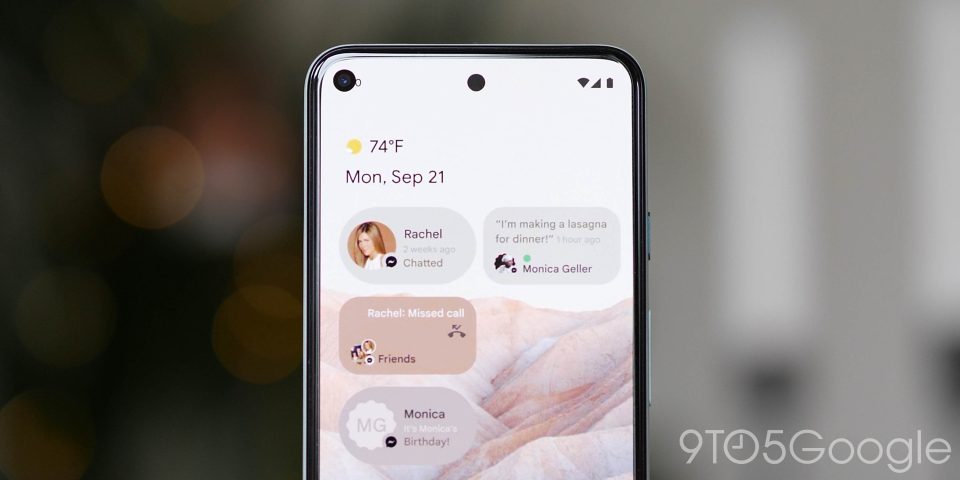 Android 12 design mockup showing home screen with "Conversations" widgets