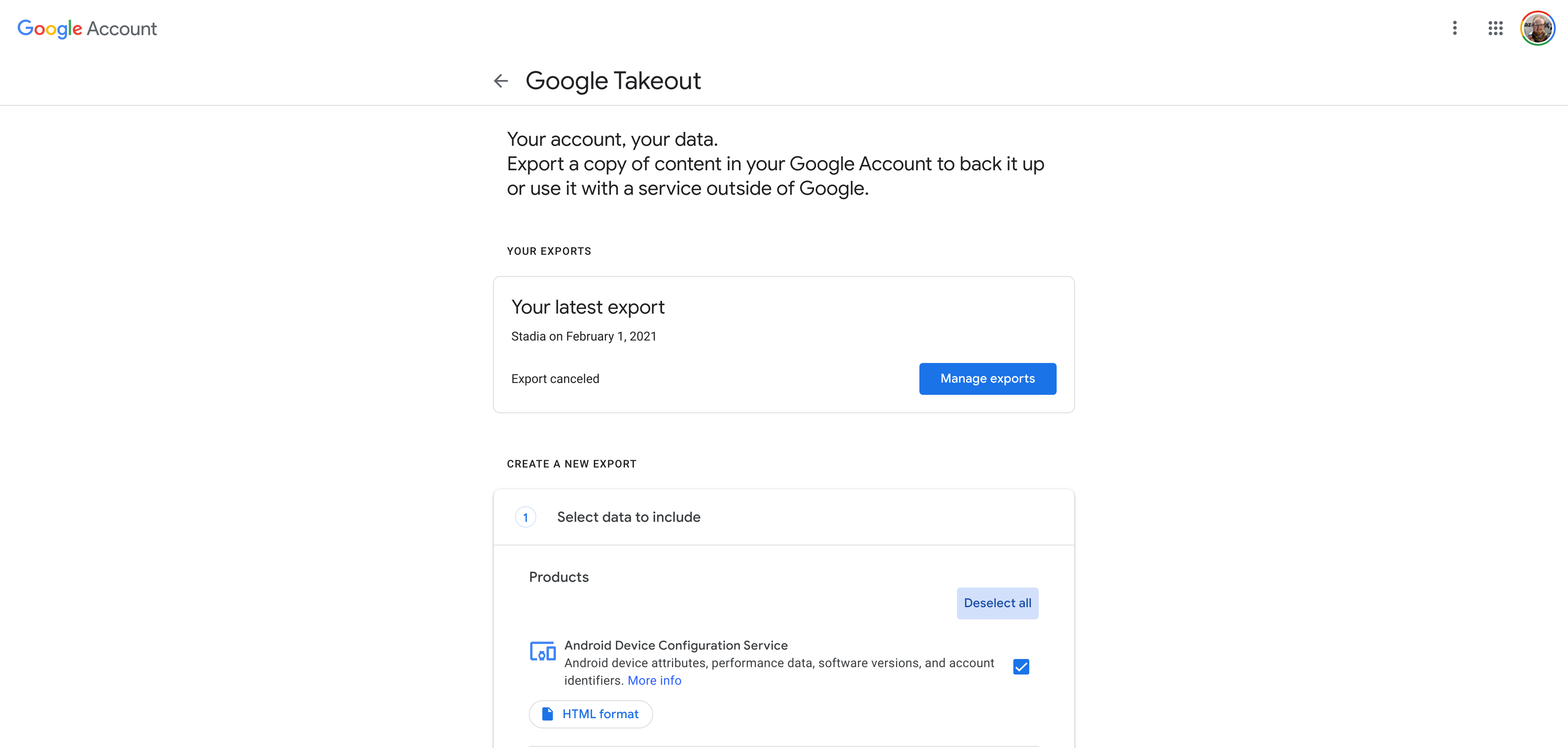 Google Takeout homepage
