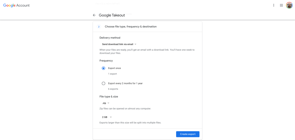 Export delivery method for Google Takeout