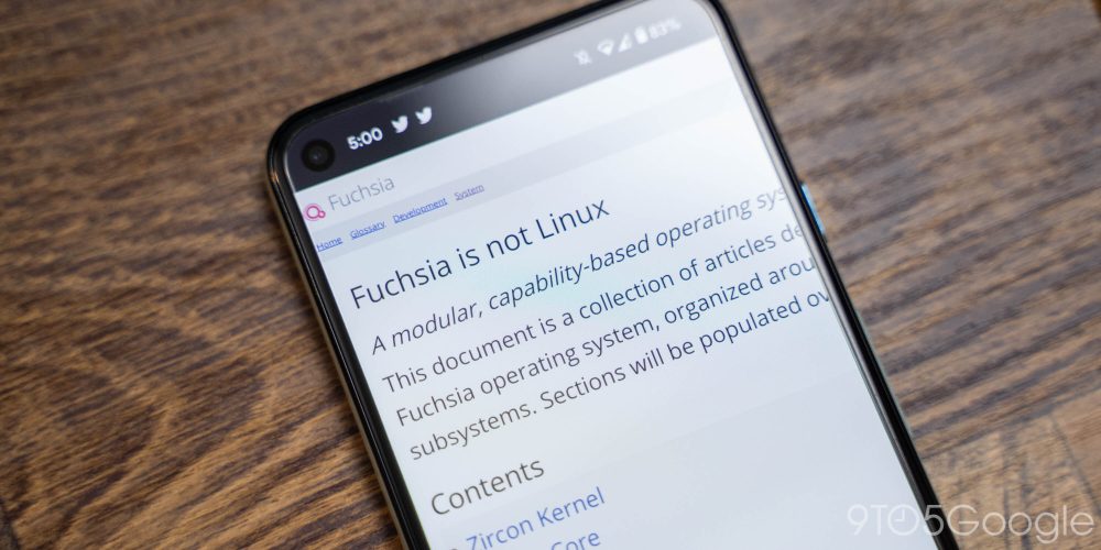 Android phone displaying a website that says "Fuchsia is not Linux"