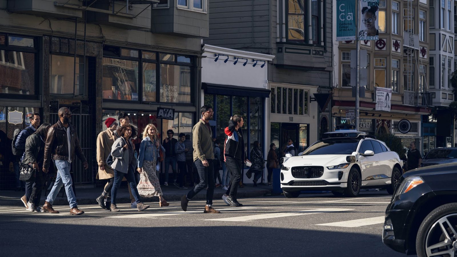 Waymo vehicle at crosswalk in San Francisco