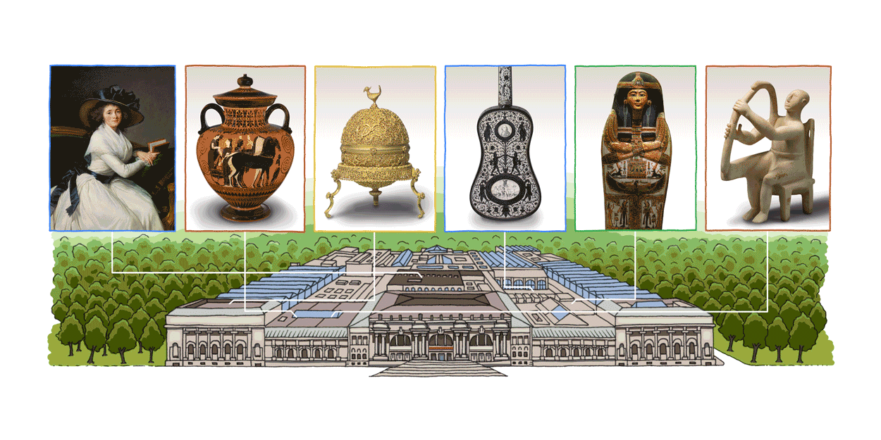 Google Doodle celebrating The Metropolitan Museum of Art, showcasing 18 of the museum's artworks