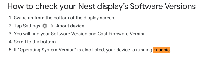 Google support page describing how to check if your Nest Hub has been updated to Fuchsia. Humorously, there is a typo of "Fuschia"