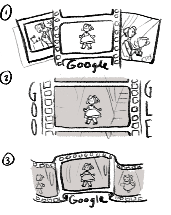 Three drafts of the Shirley Temple Google Doodle