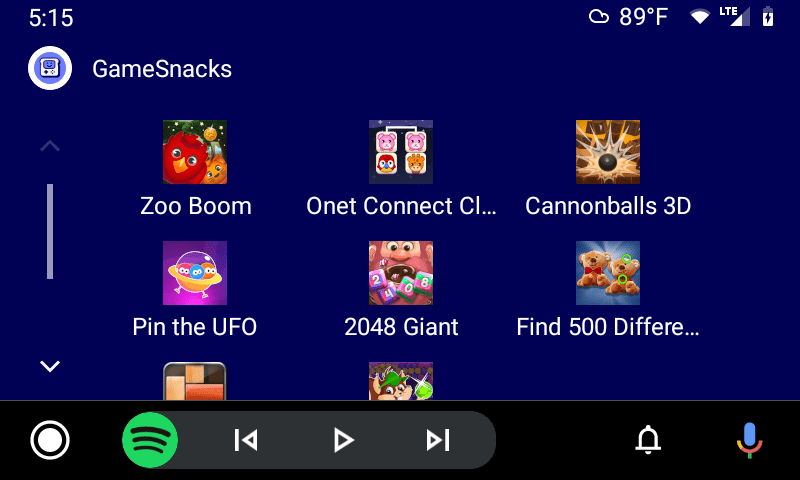 Collection of GameSnacks minigames in Android Auto
