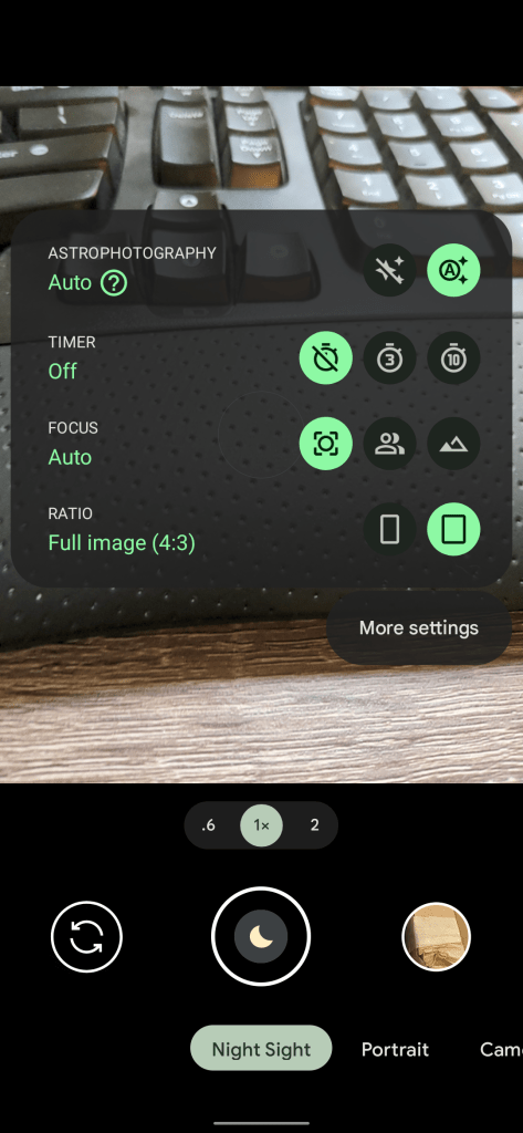 Google Camera 8.3's quick settings with green Material You colors