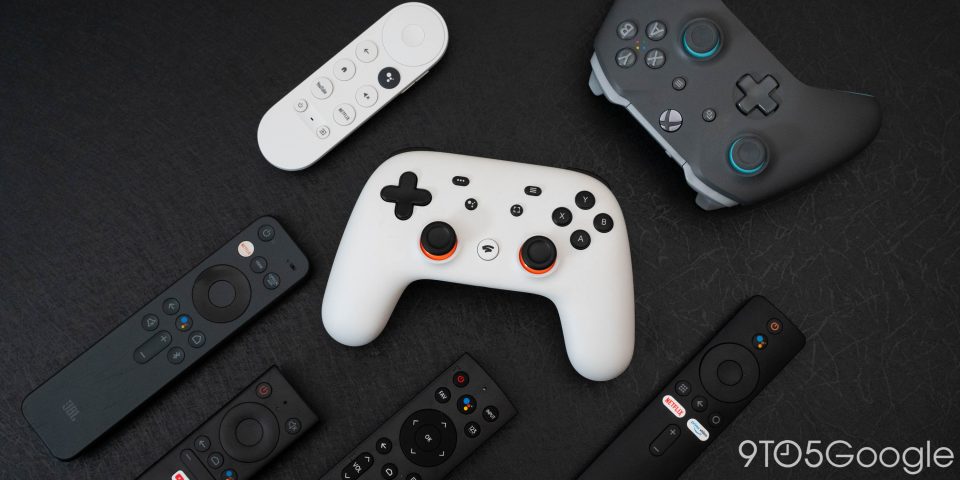 A Stadia Controller, an Xbox Controller, and a variety of Android TV/Google TV remotes